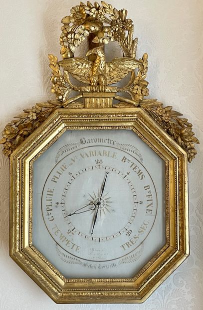 null BAROMETER according to Toricelli of octagonal shape in gilded wood, the pediment...