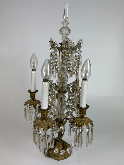 null PAIR OF GIRANDOLES in gilt bronze with five moving light arms and glass pendants....