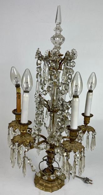 null PAIR OF GIRANDOLES in gilt bronze with five moving light arms and glass pendants....