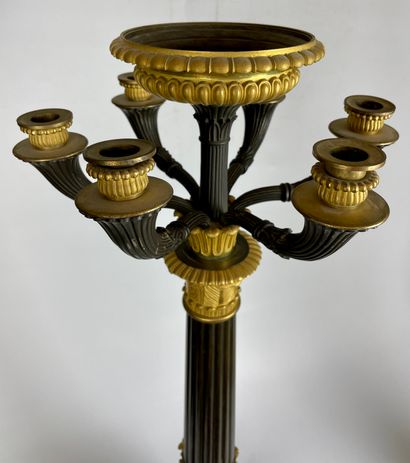 null IMPORTANT PAIR OF CANDELABRES in gilt bronze and chased with double patina....