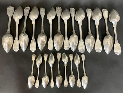  SET including 14 table spoons and 9 dessert spoons in silver net pattern. Hallmarks...