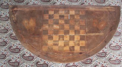 null GAME TABLE HALF-LUNE, in walnut veneer and marquetry of checkerboard and toy...