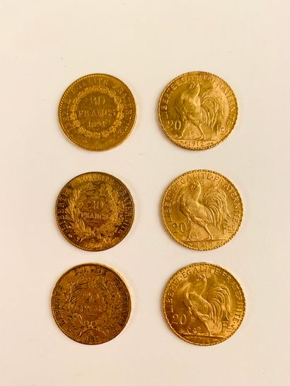 null 6 PIÈCES de 20 Frs, or. Deux Paris, 1850 et 1851 (deuxième République 1848-1852)...