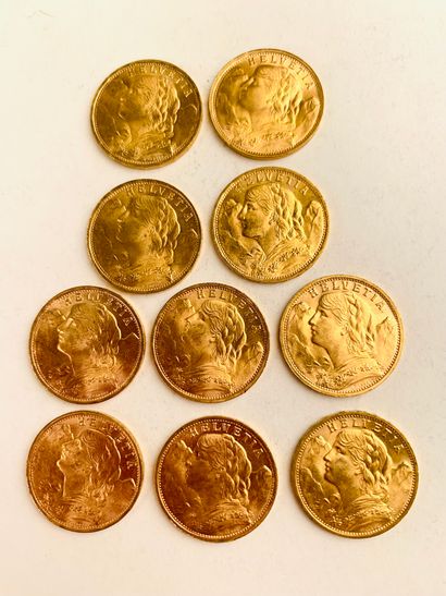 null 10 PIECES 20 Frs gold, Switzerland. 1927, 1935,. Weight : 64.58 gr