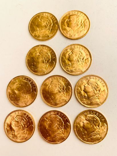 10 PIECES 20 Frs gold, Switzerland. 1935,...
