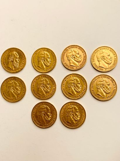 null 10 PIÈCES d'or, 20 Marks, 1872, 1873, 1876, 1879, 1886, 1887, 1888, (Prusse),...