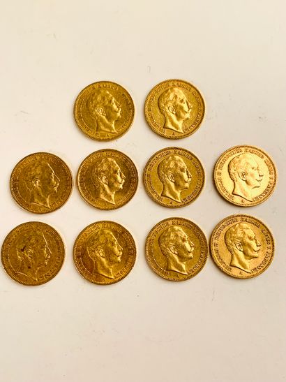 null 10 PIÈCES d'or, 20 Marks, 1889, 1895, 1891, 1899, 1905, 1906, (Prusse), 900/1000....