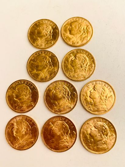 10 PIECES 20 Frs gold, Switzerland. 1930,...