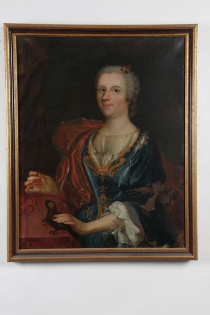 null ÉCOLE FRANÇAISE DU XVIIIe SIÈCLE. "Portrait de femme au perroquet et aux cerises"...