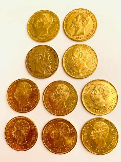 null 10 PIECES 20 Lira gold, Italian. 1857, 1877, 1880, 1881, 1882, 1883, Weight...