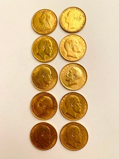 null 10 British Sovereign Gold PIECES. 1874, 1894, 1903, 1904, 1906, 1907, 1909,...