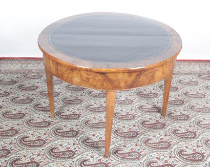 null GAME TABLE HALF-LUNE, in walnut veneer and marquetry of checkerboard and toy...