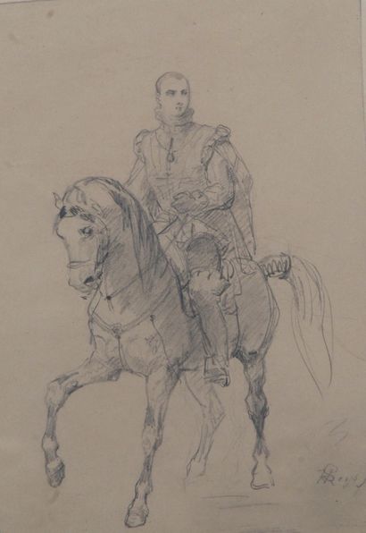 null Hendrik LEYS (1815-1869) "Rider and his horse" Pencil drawing. Signed at the...