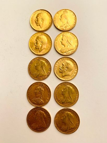null 10 British Sovereign Gold PIECES. 1888, 1891, 1894, 1896, 1900, 1912, 1915,...