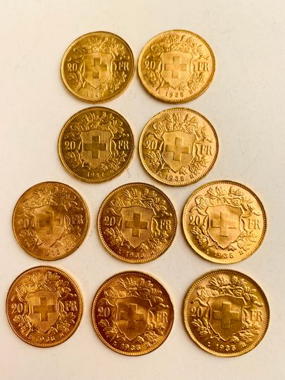  10 PIÈCES 20 Frs or, Suisse. 1927, 1935, 1947. Poids : 64.58 gr