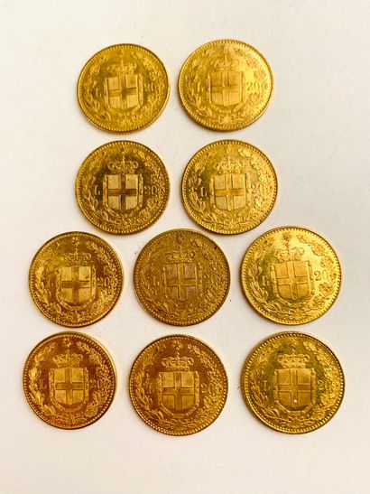 null 10 PIECES 20 Lira gold, Italian. 1881, 1882, 1883, 1897, Weight : 64.50 gr