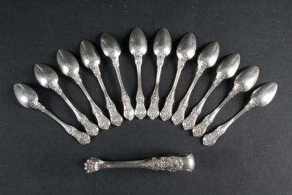 null TWELVE TEA SPONSORS AND A SUGAR SPOON, IN SILVER, 950 thousandths with decoration...