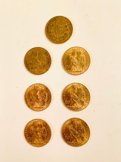 null SEVEN 20 FRS GOLD COINS. A Napoleon bareheaded, Paris of 1857. Three Marianne...