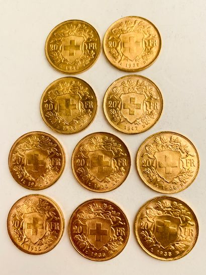 null 10 PIECES 20 Frs gold, Switzerland. 1935, 1947, Weight : 64.57 gr