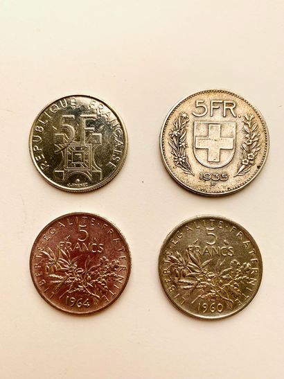 LOT OF FOUR 5 FRS Coins SWITZERLAND AND FRANCE...