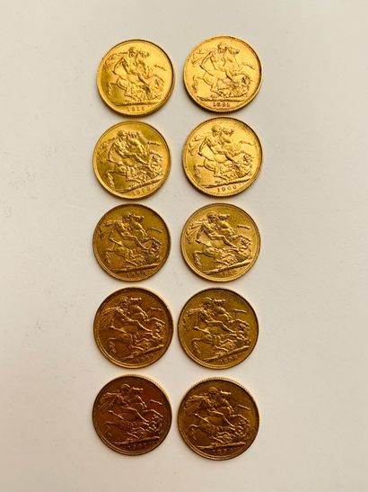 null 10 British Sovereign Gold PIECES. 1888, 1891, 1894, 1896, 1900, 1912, 1915,...