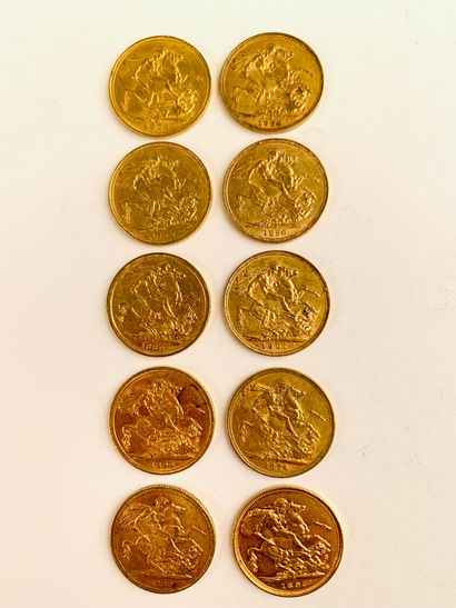 null 10 British Sovereign Gold PIECES. 1874,1880,1995, 1889, 1899, 1901, 1909. Weight...