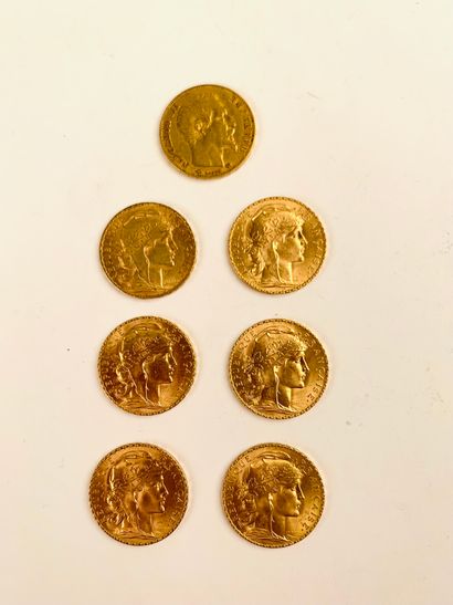 SEVEN 20 FRS GOLD COINS. A Napoleon bareheaded,...
