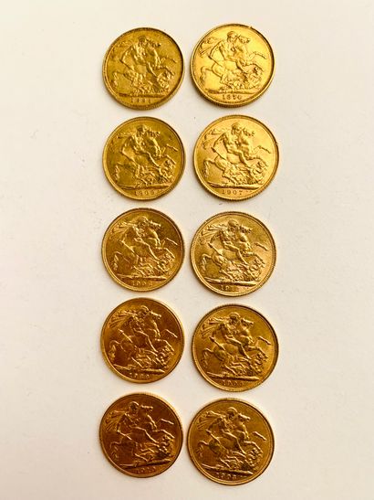 null 10 British Sovereign Gold PIECES. 1874, 1894, 1903, 1904, 1906, 1907, 1909,...