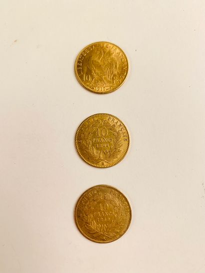 3 PIECES of 10 Frs gold. One Napoleon III,...