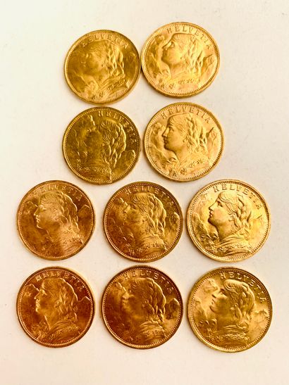 null 10 PIECES 20 Frs gold, Switzerland. 1927, 1935, 1947. Weight : 64.58 gr