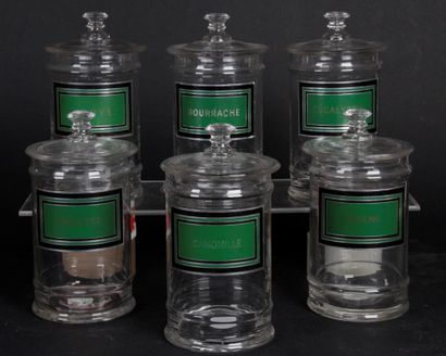 null SIX COVERED PHARMACY POTS in molded glass, with green label with silver and...