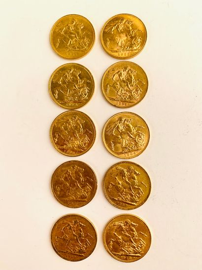 null 10 British sovereign gold PIECES. 1880, 1882, 1893, 1887, 1898, 1904, 1919,...