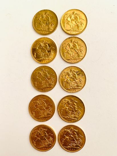 null 10 British Sovereign Gold PIECES. 1876, 1882, 1892, 1893, 1899, 1900, 1901,...
