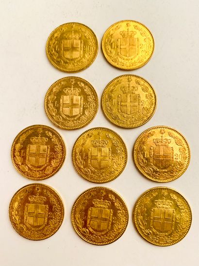 null 10 PIECES 20 Gold Lira, Italian. 1881, 1882, 1888. Weight : 64.53 gr