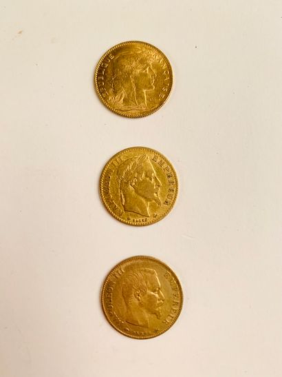 null 3 PIECES of 10 Frs gold. One Napoleon III, Strasbourg, head laurel to the right,...