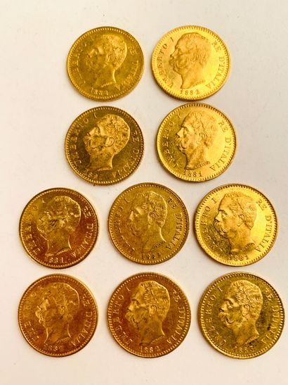 10 PIECES 20 Lira gold, Italian. 1881, 1882,...