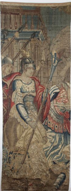 null FRAGMENT OF TAPESTRIES from Brussels or Flanders in wool and silk. "Soldier...