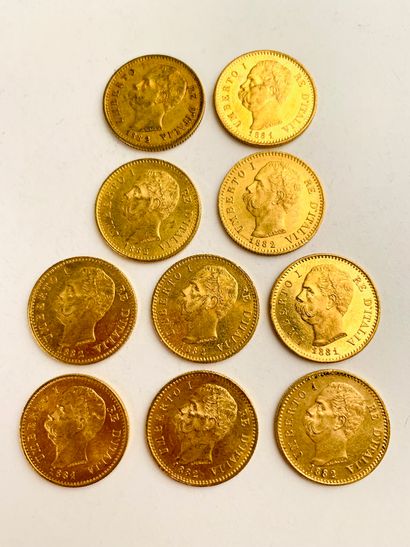 10 PIECES 20 Gold Lira, Italian. 1881, 1882....
