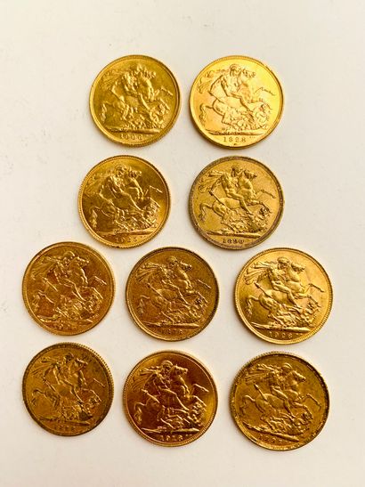 null 10 British sovereign gold PIECES. 1878, 1880, 1888, 1895, 1905, 1906, 1918,...
