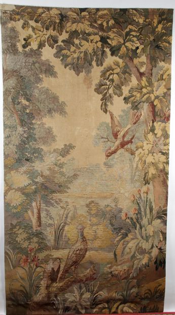 null AUBUSSON FABRIC, door with pheasants in a landscape of undergrowth and pond....