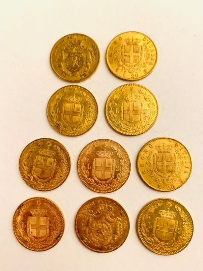 10 PIÈCES 20 Lires or, Italienne. 1862, 1865, 1869, 1882, Poids : 64.46 gr