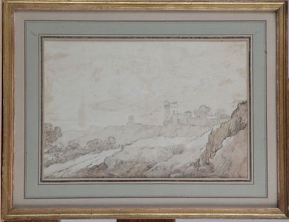 null 17th century french school. "Landscape of ruins" Drawing in graphite and ink...