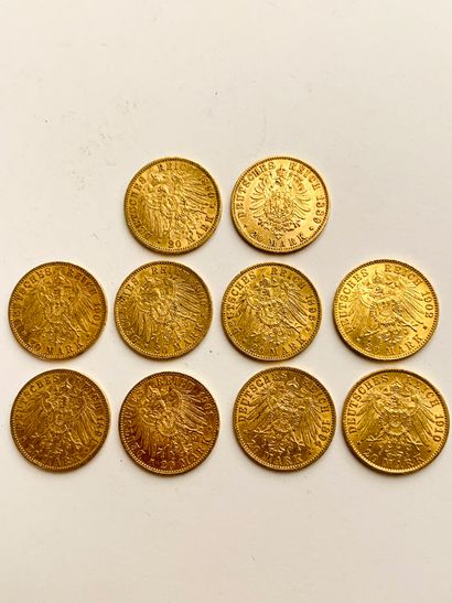null 10 PIÈCES d'or, 20 Marks, 1889, 1890, 1891, 1894, 1896, 1900, 1901,1902, 1910,...