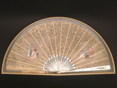 null 18 strands lace fan painted with gallant scenes. The strands in mother of pearl....