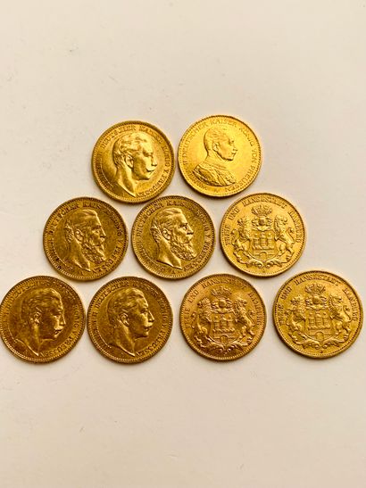 9 PIÈCES d'or, 20 Marks, 1184, 1888, 1898,1899,...