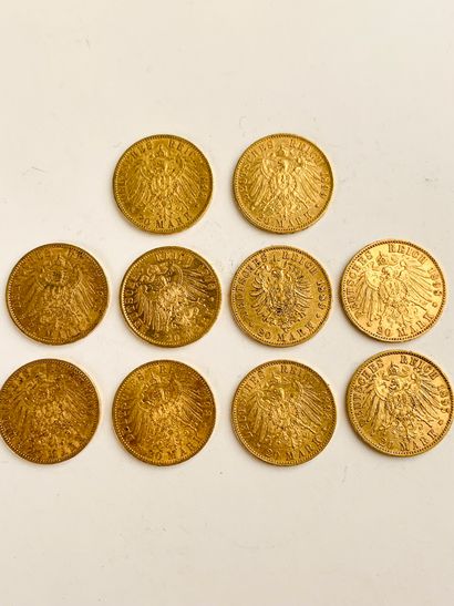 null 10 GOLD PIECES, 20 Marks, 1889, 1895, 1891, 1899, 1905, 1906, (Prussia), 900/1000....