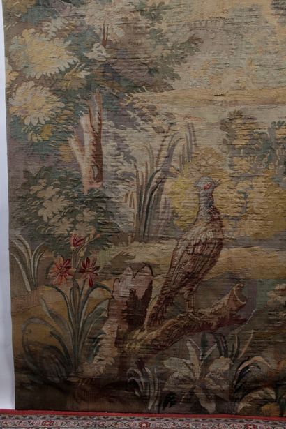 null AUBUSSON FABRIC, door with pheasants in a landscape of undergrowth and pond....