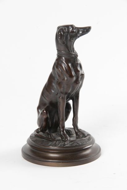null After Alfred BARYE (1839-1882) " Greyhound sitting on a carpet " Bronze proof...