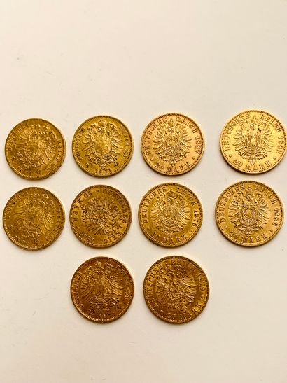 null 10 PIECES of gold, 20 Marks, 1872, 1873, 1876, 1879, 1886, 1887, 1888, (Prussia),...