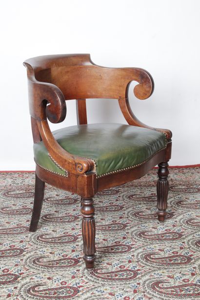 null OFFICE CHAIRS, in mahogany and mahogany veneer with scrolled back and armrest,...